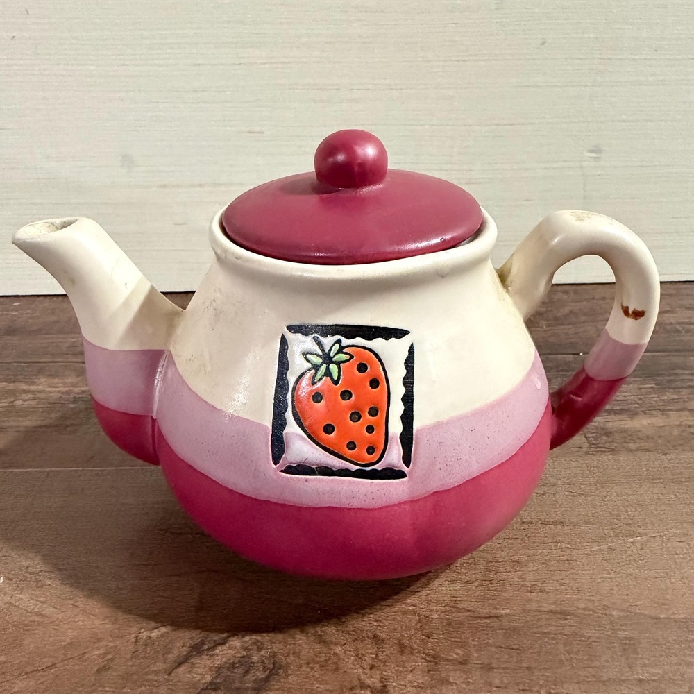 VTG Italian Hand Painted Mini Teapot Strawberry Ceramic Decorato A Mano Pink